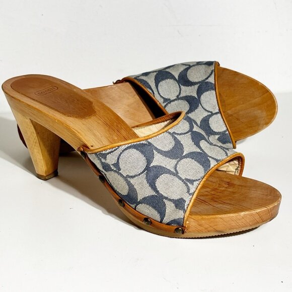 Vintage Coach Brenda Wooden Siganture Clog Blue Denim size 9 - Picture 1 of 9
